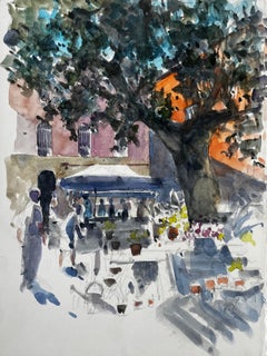 Mediterranean Town Square with Café and Plane Trees Watercolor Pierre Neveu