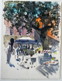 Mediterranean Town Square with Café and Plane Trees Watercolor Pierre Neveu