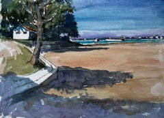 Mediterraner Strand mit Baum und entfernter Küstenlinie Aquarell Pierre Neveu