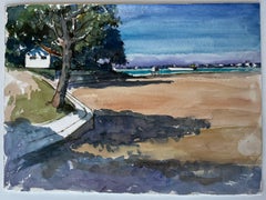 Mediterraner Strand mit Baum und entfernter Küstenlinie Aquarell Pierre Neveu