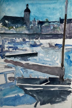 Hafen mit Kuppelturm und vertäuten Booten Aquarell Pierre Neveu