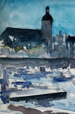 Hafen mit Kuppelturm und vertäuten Booten Aquarell Pierre Neveu
