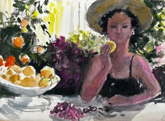 Woman in Garden with Fruit Bowl French Figurative Watercolor