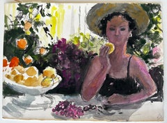 Woman in Garden with Fruit Bowl French Figurative Watercolor