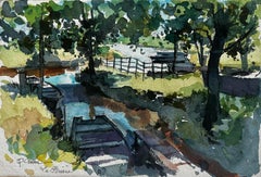 Arroyo rural y pasarela La Brenne Paisaje francés Acuarela