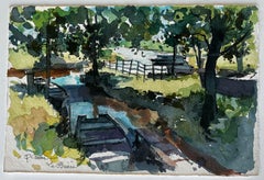 Arroyo rural y pasarela La Brenne Paisaje francés Acuarela