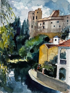 Village riverain de Clisson et bâtiments historiques en pierre Aquarelle française