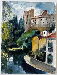 Village riverain de Clisson et bâtiments historiques en pierre Aquarelle française