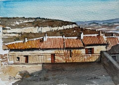 Castellane Provence Dorf Dächer und Hügel Französisch Aquarell