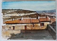 Castellane Provence Dorf Dächer und Hügel Französisch Aquarell