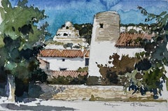 Balazuc Dorf Steinturm und Häuser Ardeche Französisch Aquarell