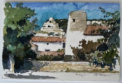Balazuc Dorf Steinturm und Häuser Ardeche Französisch Aquarell