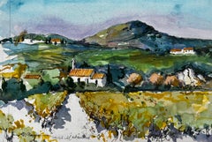 Französische ländliche Landschaft mit Hügeln, Bauernhäusern und Feldern Aquarell