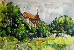 Paesaggio della chiesa di un villaggio francese con alberi Pittura ad acquerello Pierre Neveu