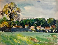 French Village Cottages Landscape with Trees Watercolor Painting Pierre Neveu
