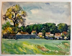 French Village Cottages Landscape with Trees Watercolor Painting Pierre Neveu