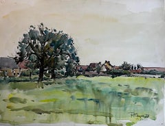 Paisaje de pueblo francés en Le Sevin con caseríos Pintura a la acuarela