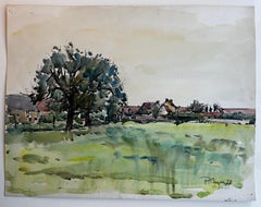 Paisaje de pueblo francés en Le Sevin con caseríos Pintura a la acuarela