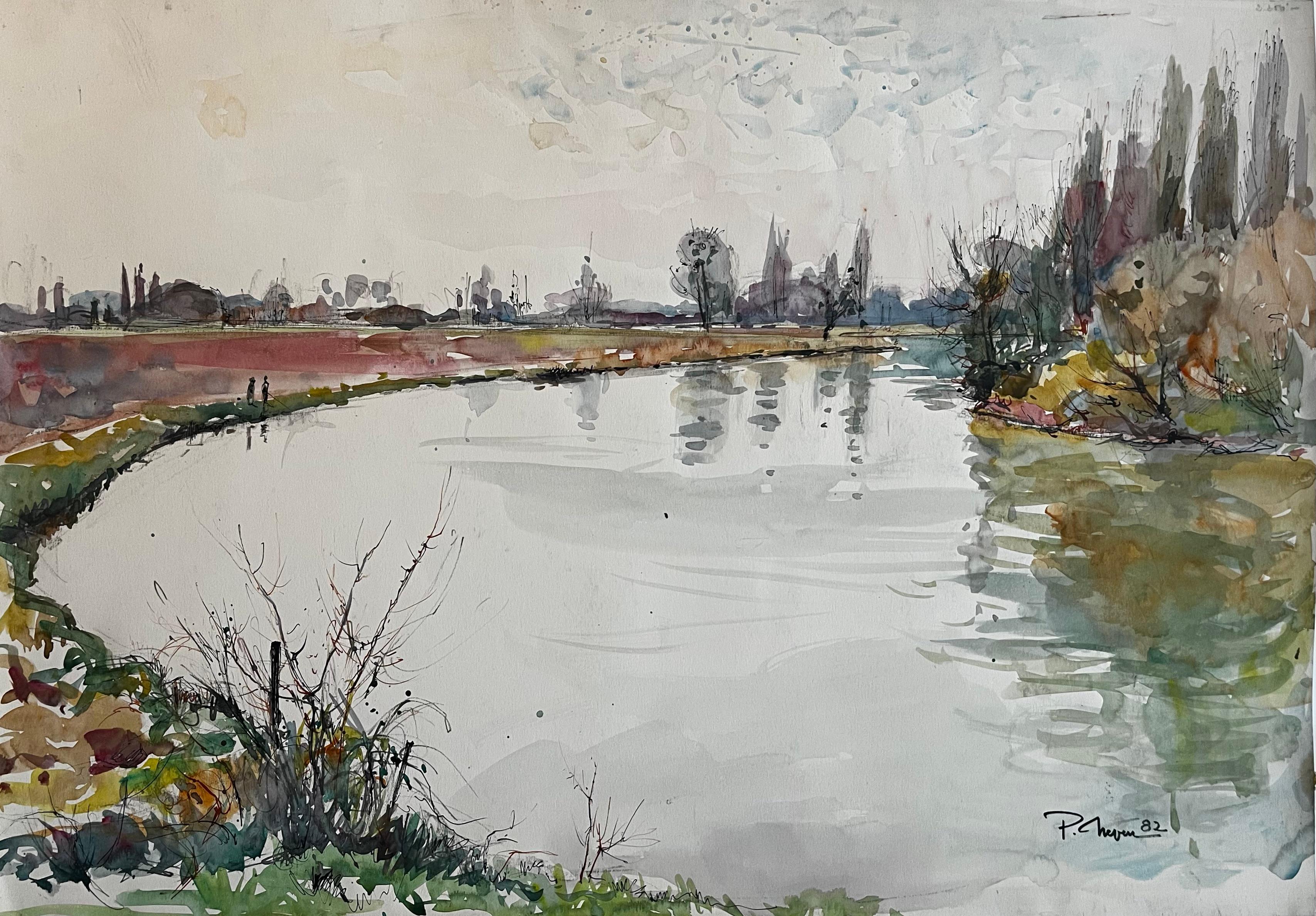 French River Landscape with Reflections and Trees Watercolor Painting