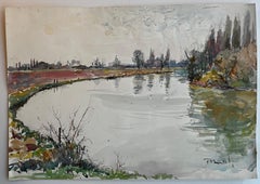 Französisch Flusslandschaft mit Reflexionen und Bäumen Aquarellmalerei