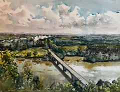 French River Bridge Landscape from Elevated View Watercolor Painting