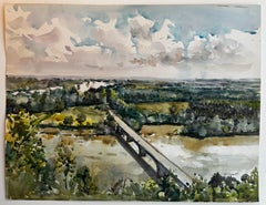French River Bridge Landscape from Elevated View Watercolor Painting