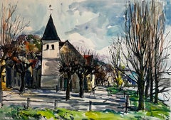 French Village Church Scene with Winter Trees Watercolor Painting