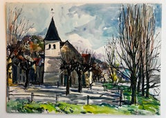 French Village Church Scene with Winter Trees Watercolor Painting