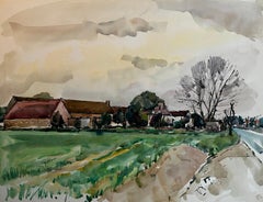 French Rural Farmhouses with Country Road Landscape Watercolor