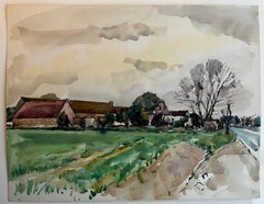 French Rural Farmhouses with Country Road Landscape Watercolor