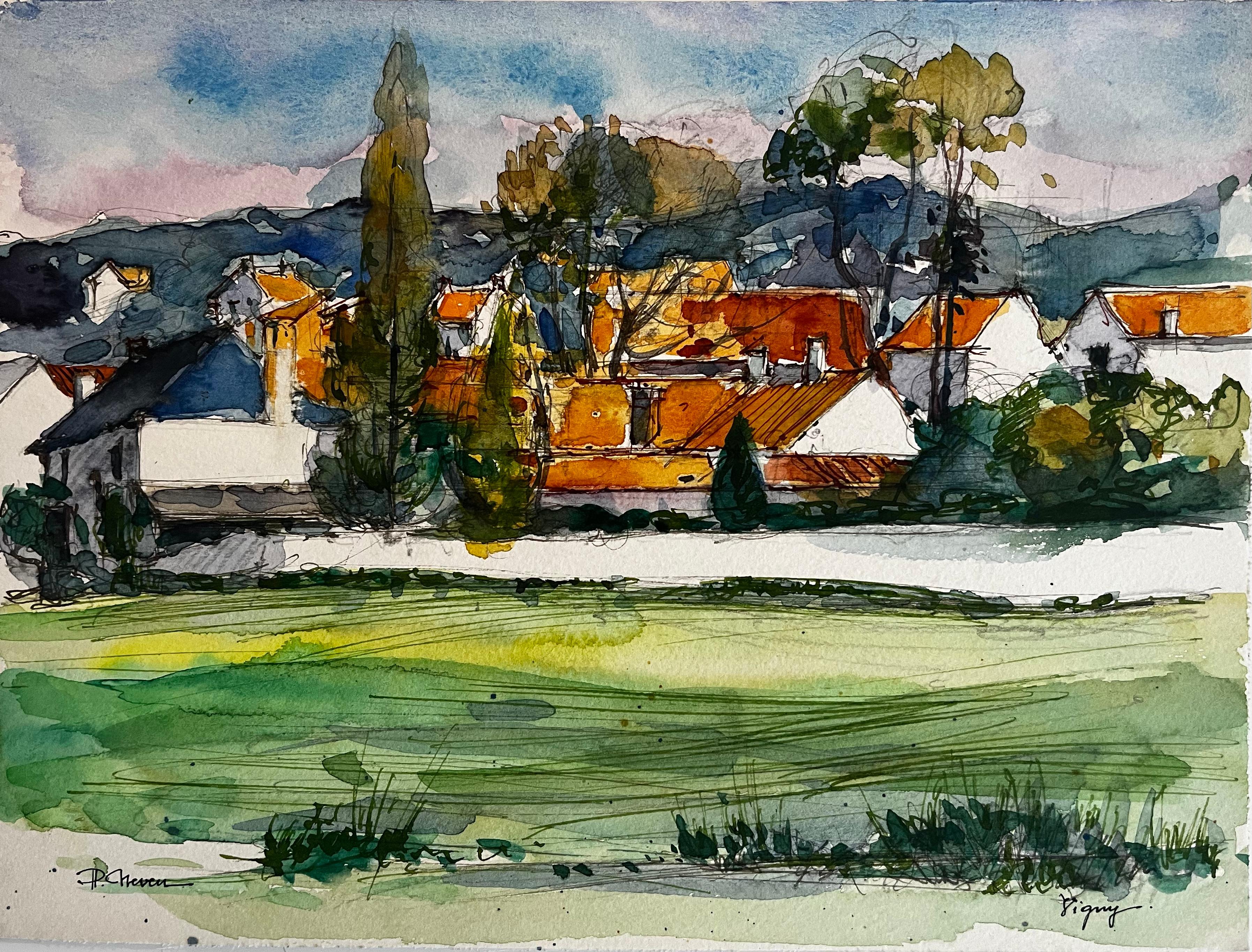 French Village Landscape at Vigny with Red Roof Houses Watercolor