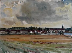 Panoramic French Village with Church Spire and Farmland Watercolor