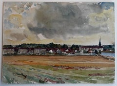 Panoramic French Village with Church Spire and Farmland Watercolor