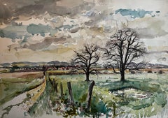 Paesaggio di prato francese con alberi e sentiero di campagna Acquerello