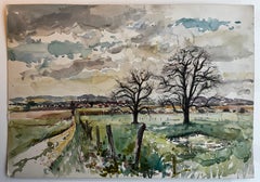 Paesaggio di prato francese con alberi e sentiero di campagna Acquerello