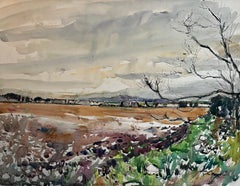 French Farmland Landscape with Expansive Sky and Bare Trees Watercolor