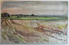 French Ploughed Fields Landscape with Distant Village Watercolor Pierre Neveu