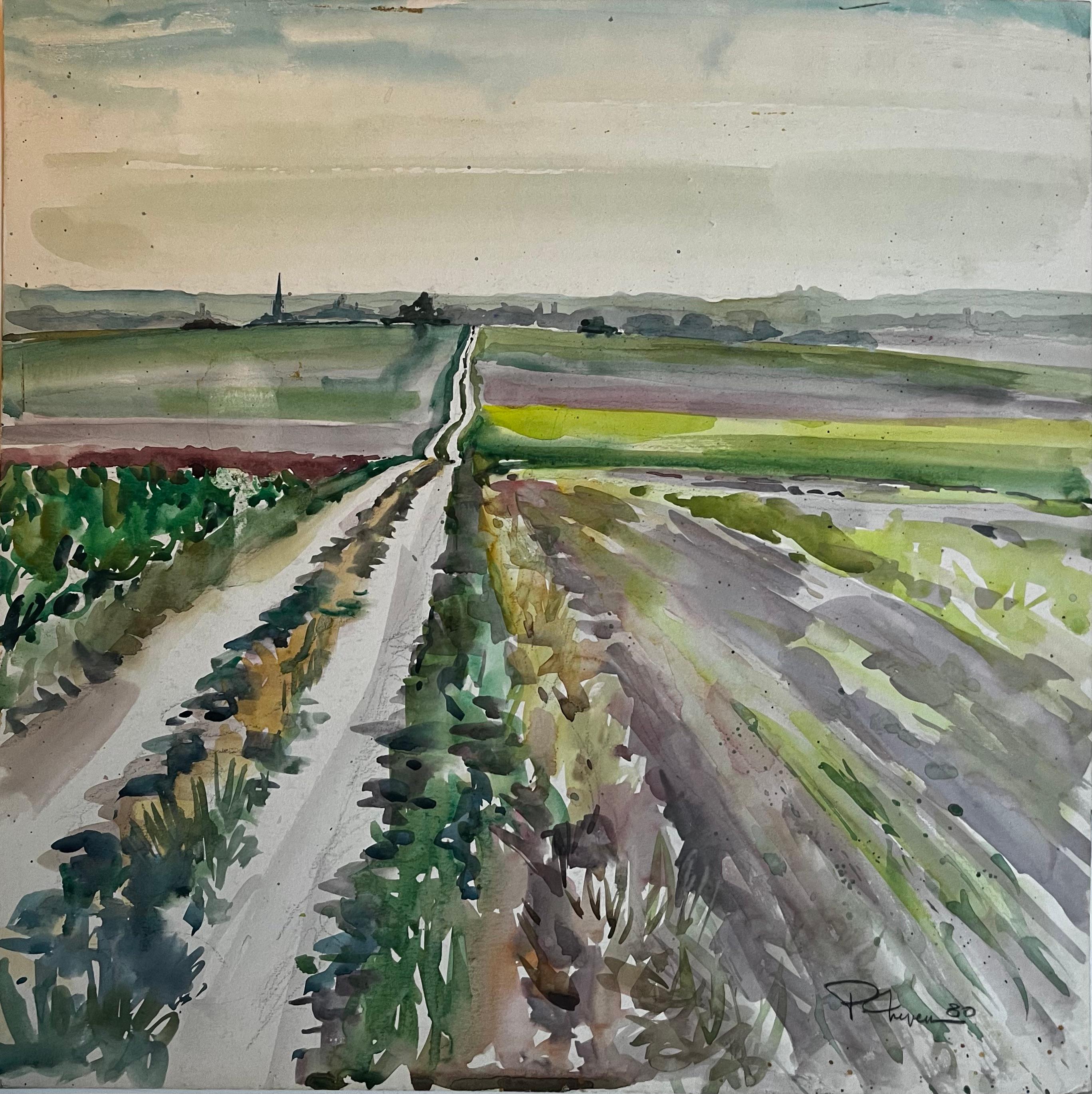 French Country Road through Open Fields Landscape Watercolor Pierre Neveu