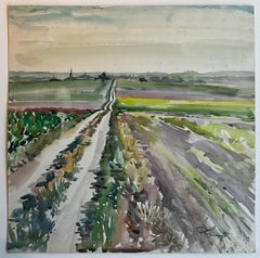 Camino rural francés a través de campos abiertos Paisaje Acuarela Pierre Neveu