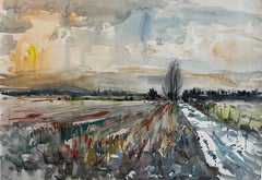 French Winter Fields with Furrowed Farmland Landscape Watercolor Pierre Neveu