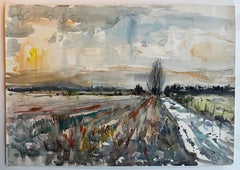 French Winter Fields with Furrowed Farmland Landscape Watercolor Pierre Neveu