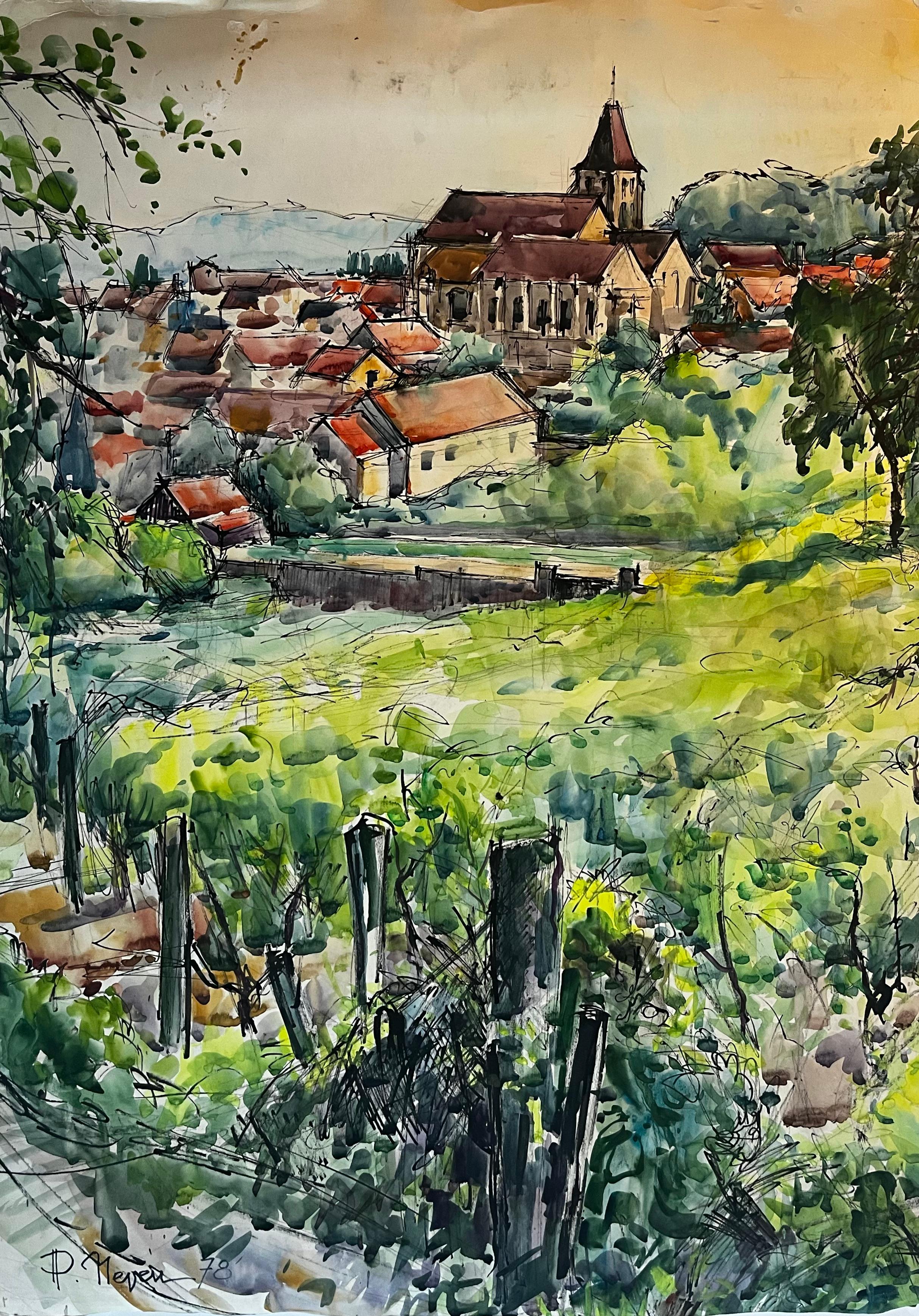 French Hilltop Village with Church and Green Pasture Landscape Watercolor