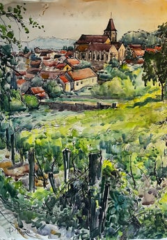 French Hilltop Village with Church and Green Pasture Landscape Watercolor
