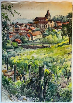 French Hilltop Village with Church and Green Pasture Landscape Watercolor