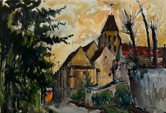 Iglesia de la aldea francesa de Groslay Val d Oise Acuarela Pierre Neveu