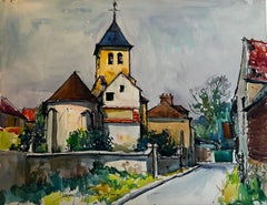 Iglesia de aldea francesa en Baillet en France Val d Oise Acuarela