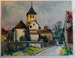 Iglesia de aldea francesa en Baillet en France Val d Oise Acuarela