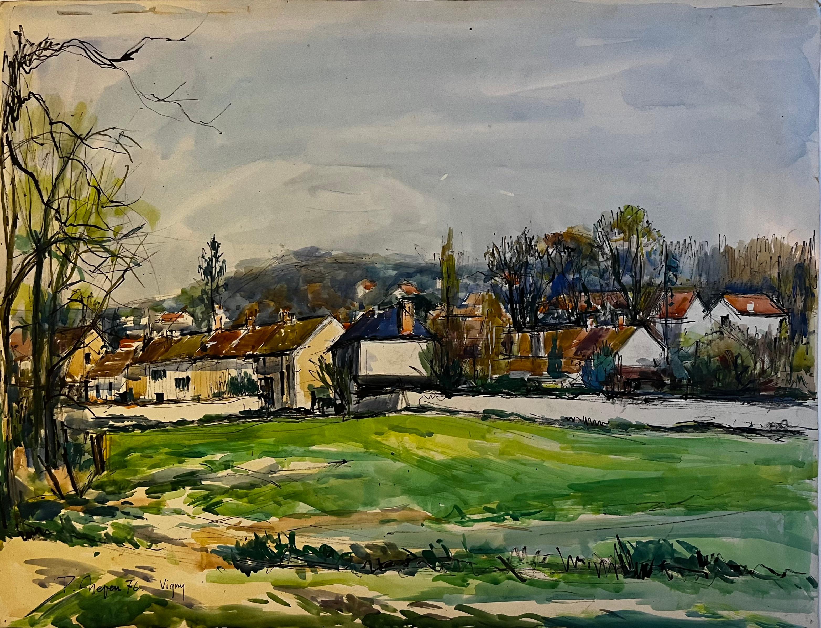 Französische Dorflandschaft in Vigny Val d Oise Aquarell Pierre Neveu