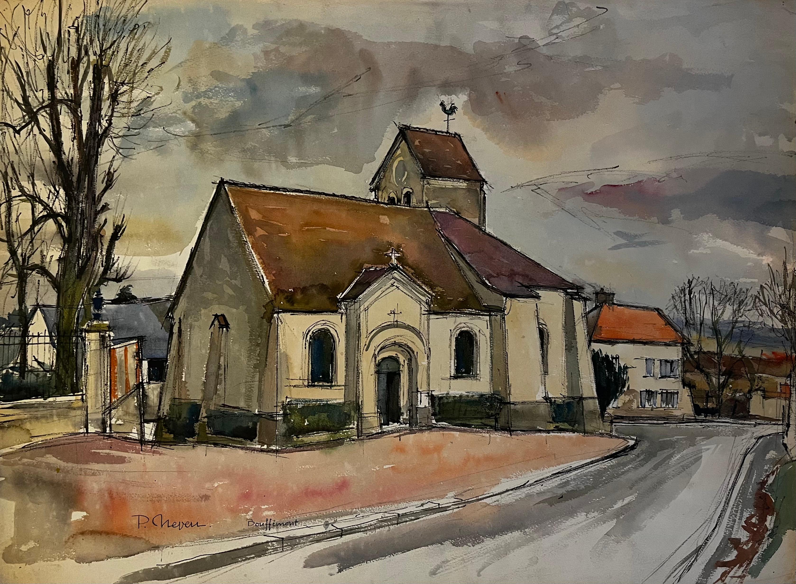 Chiesa del villaggio francese Bouffemont Val dOise Acquerello post impressionista