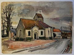 Iglesia de pueblo francés Bouffemont Val dOise Acuarela postimpresionista